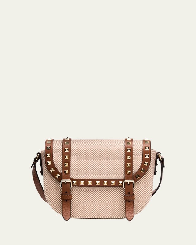 Small Rockstud Canvas Saddle Crossbody Bag